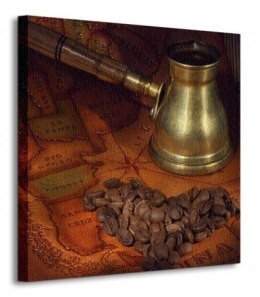 Coffee in a turk, grains and map - Obraz na płótnie